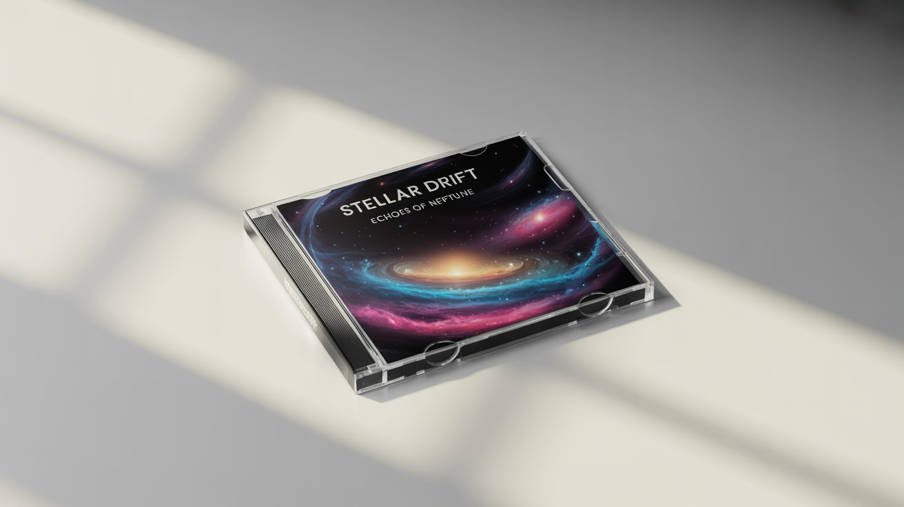 A photorealistic mockup of a CD cover for the fictional band 'Stellar Drift', with the album title 'Echoes of Neptune'. The cover art features a celestial landscape and the case is set against a plain white background.