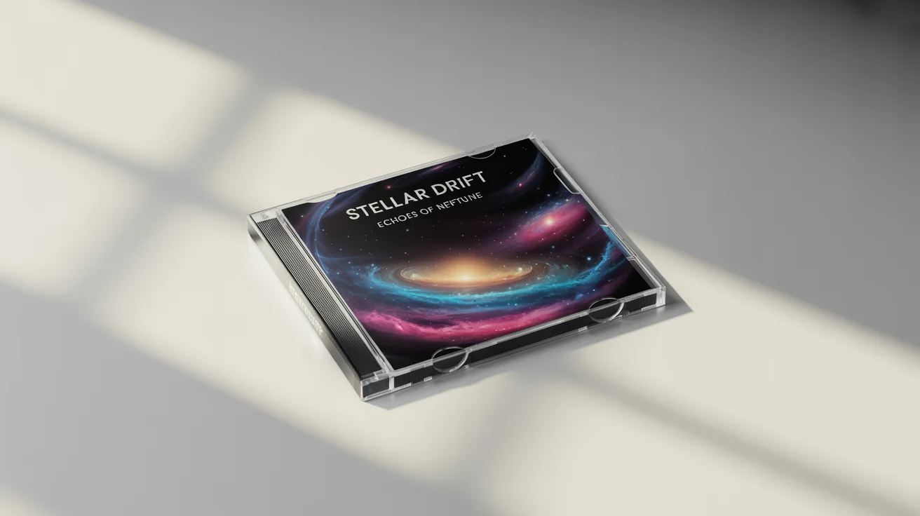 A photorealistic mockup of a CD cover for the fictional band 'Stellar Drift', with the album title 'Echoes of Neptune'. The cover art features a celestial landscape and the case is set against a plain white background.