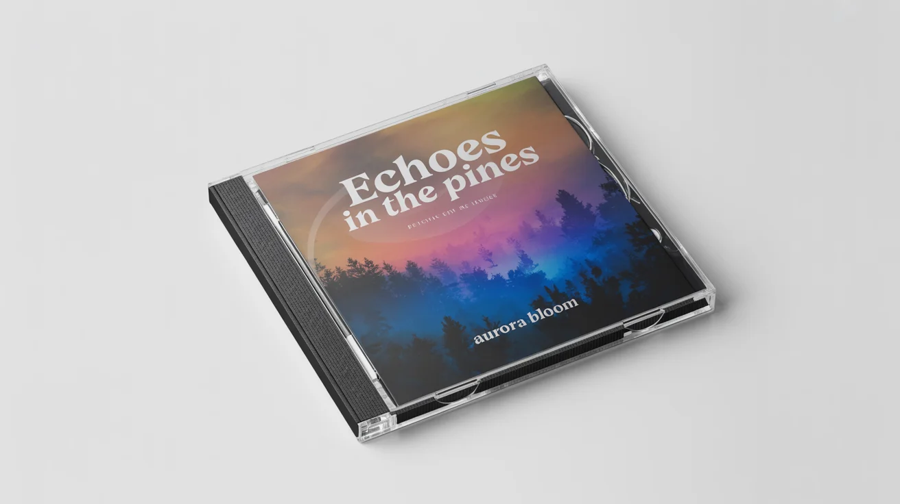 A photorealistic mockup of a CD album cover for 'ECHOES IN THE PINES' by 'AURORA BLOOM', showing the jewel case and disc with a dreamy forest and nebula design, set against a clean white background.
