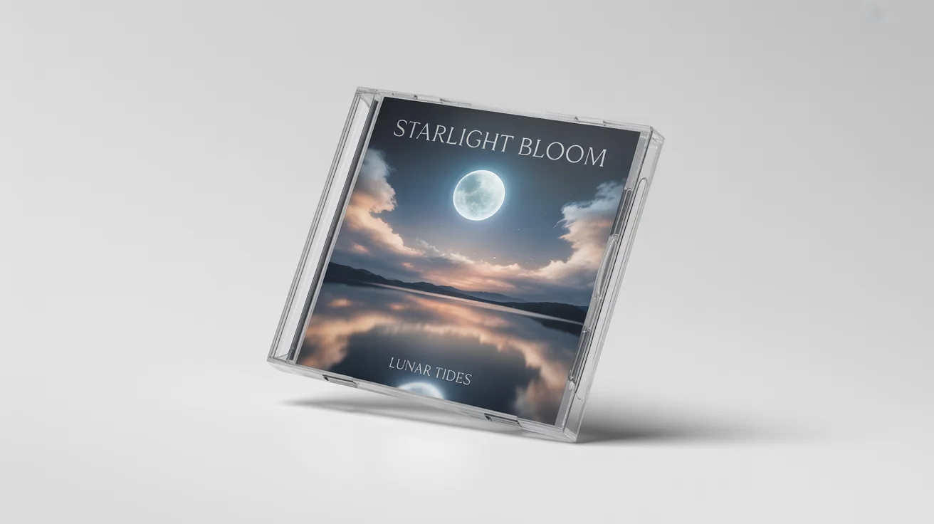 A photorealistic mockup of a CD in its jewel case, featuring cover art with a glowing moon over water for a fictional album titled 'Lunar Tides'.