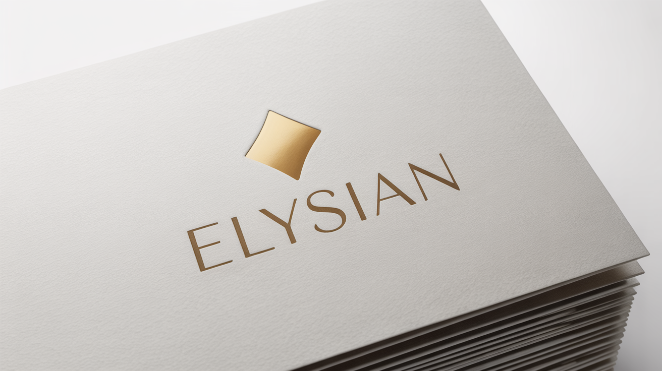A close-up mockup of a luxury logo design. The logo, for a fictional brand named 'ELYSIAN', is rendered in gold foil on thick white textured paper, conveying elegance and sophistication.