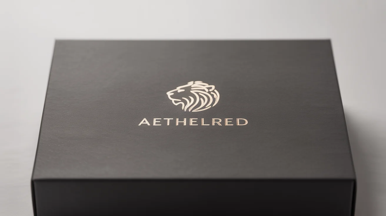 A close-up of a luxurious matte black product box with a sophisticated, embossed gold foil logo. The logo features a minimalist lion's head icon and the fictional brand name "Aethelred". The mockup is set against a plain white background.