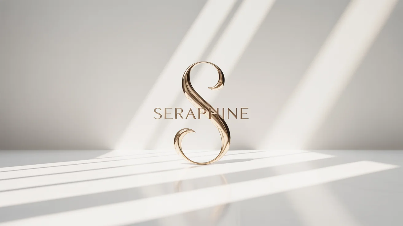 A 3D mockup of a luxury gold logo for the brand 'SERAPHINE', featuring a stylized 'S' monogram on a clean white background, representing sophisticated and elegant branding.