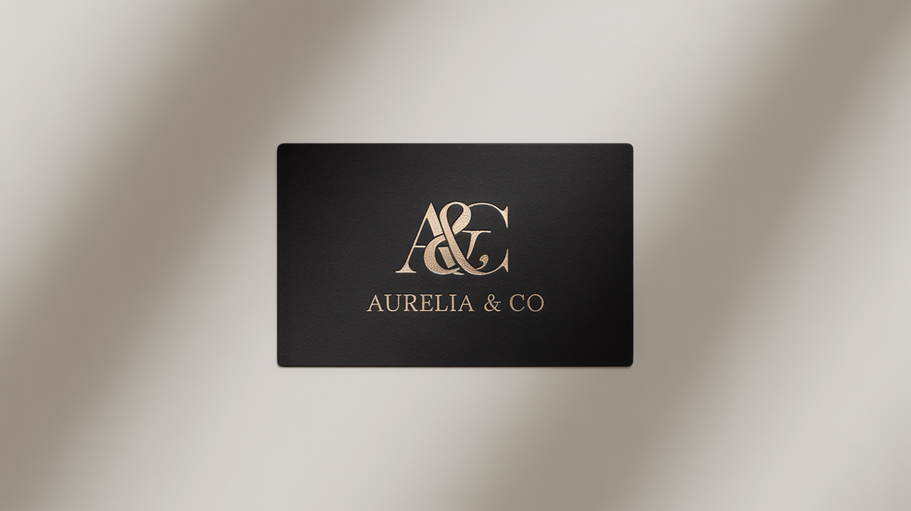 A luxury logo for the brand 'Aurelia & Co', featuring a gold foil monogram 'A&C' embossed on a matte black business card, set against a white background.