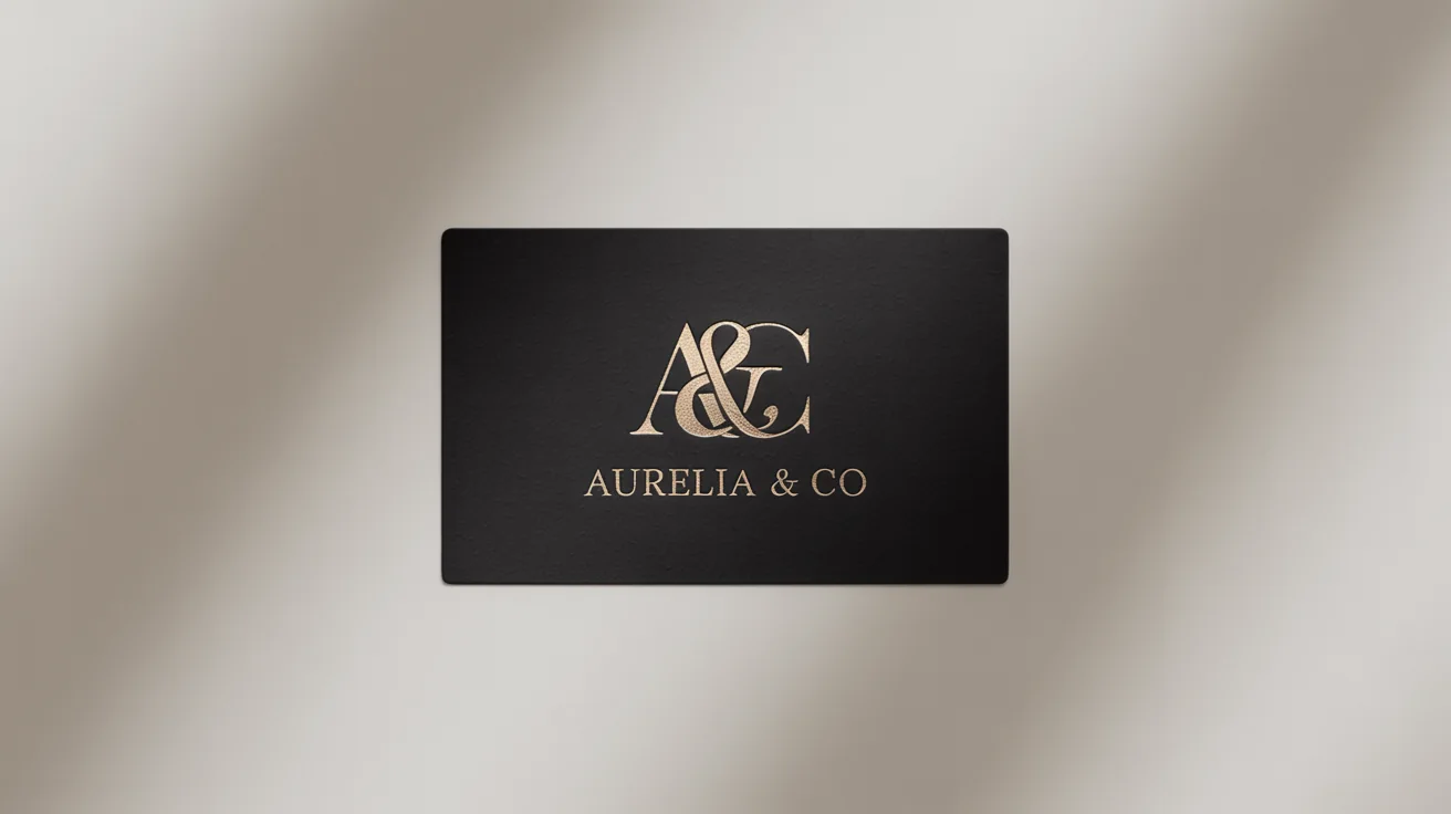 A luxury logo for the brand 'Aurelia & Co', featuring a gold foil monogram 'A&C' embossed on a matte black business card, set against a white background.