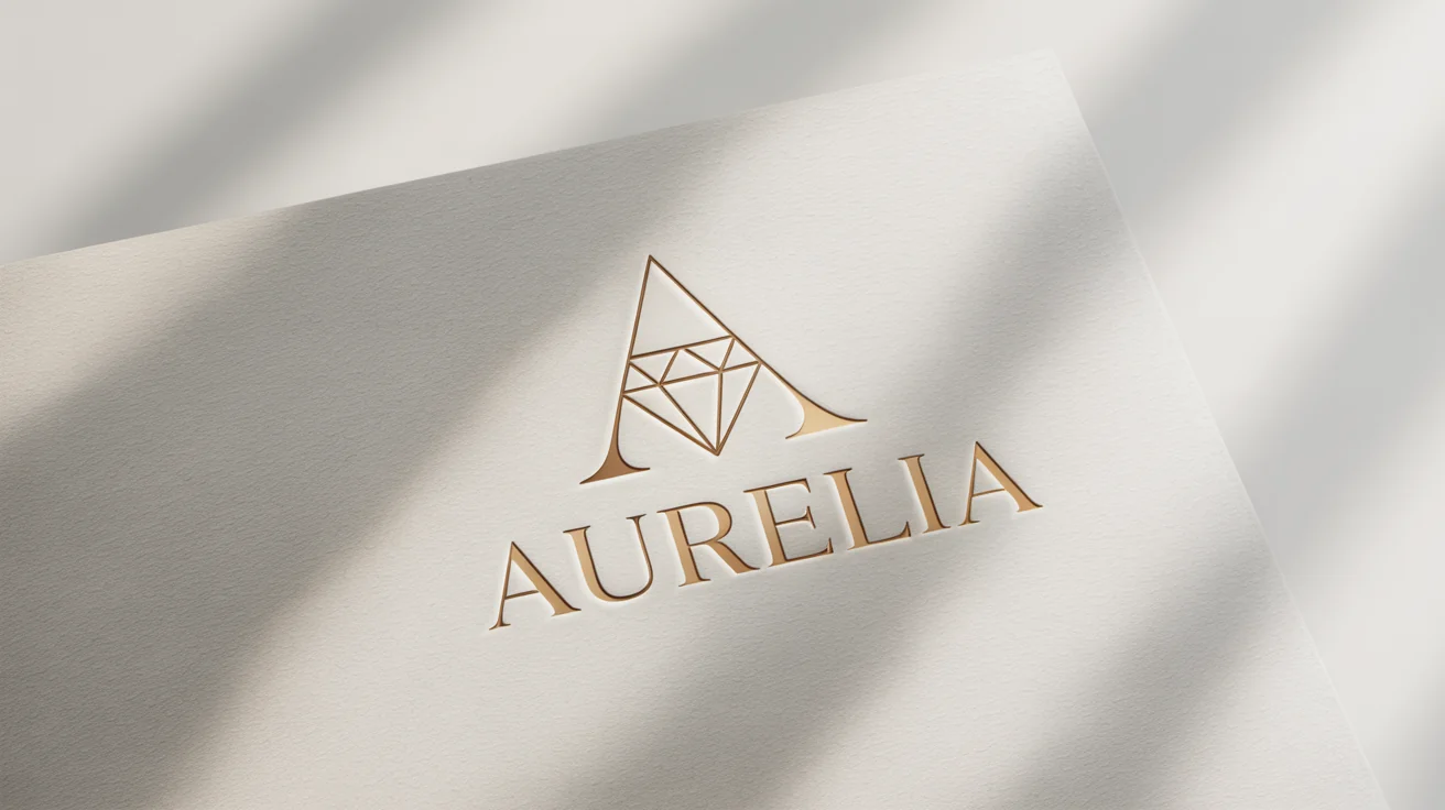 A photorealistic mockup of a luxury brand logo for 'Aurelia', embossed in shimmering gold foil on thick, textured white paper, showcasing a sophisticated and minimalist design.