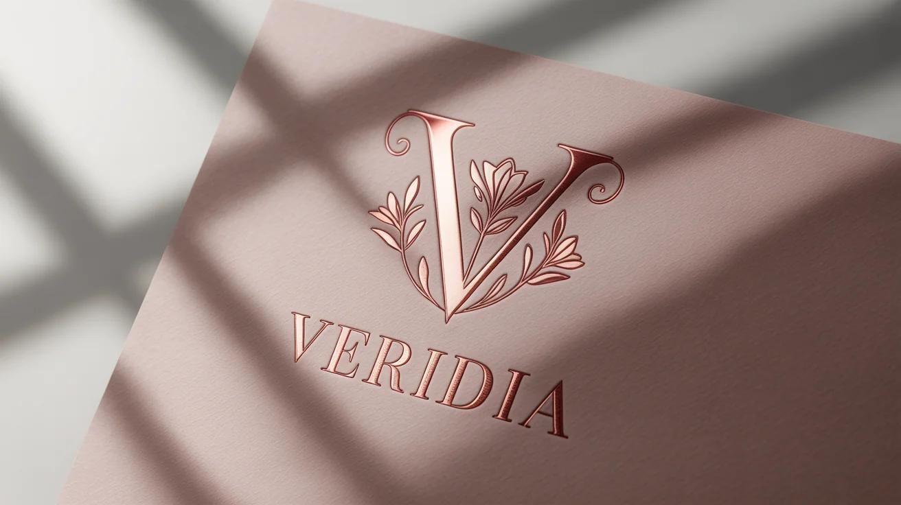 A close-up of a luxury logo mockup featuring the brand name 'Veridia' and a stylized 'V' in rose gold foil, embossed on a textured pink card against a white background.