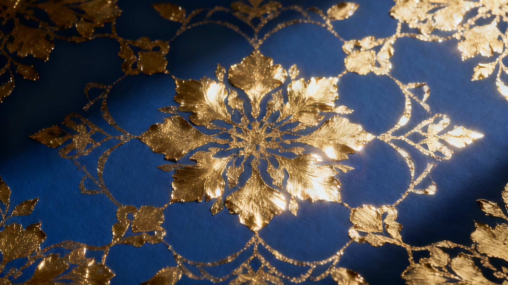 An eye-catching digital artwork showcasing an intricate floral and geometric pattern rendered in a realistic, shimmering gold leaf effect, set against a solid deep royal blue background.