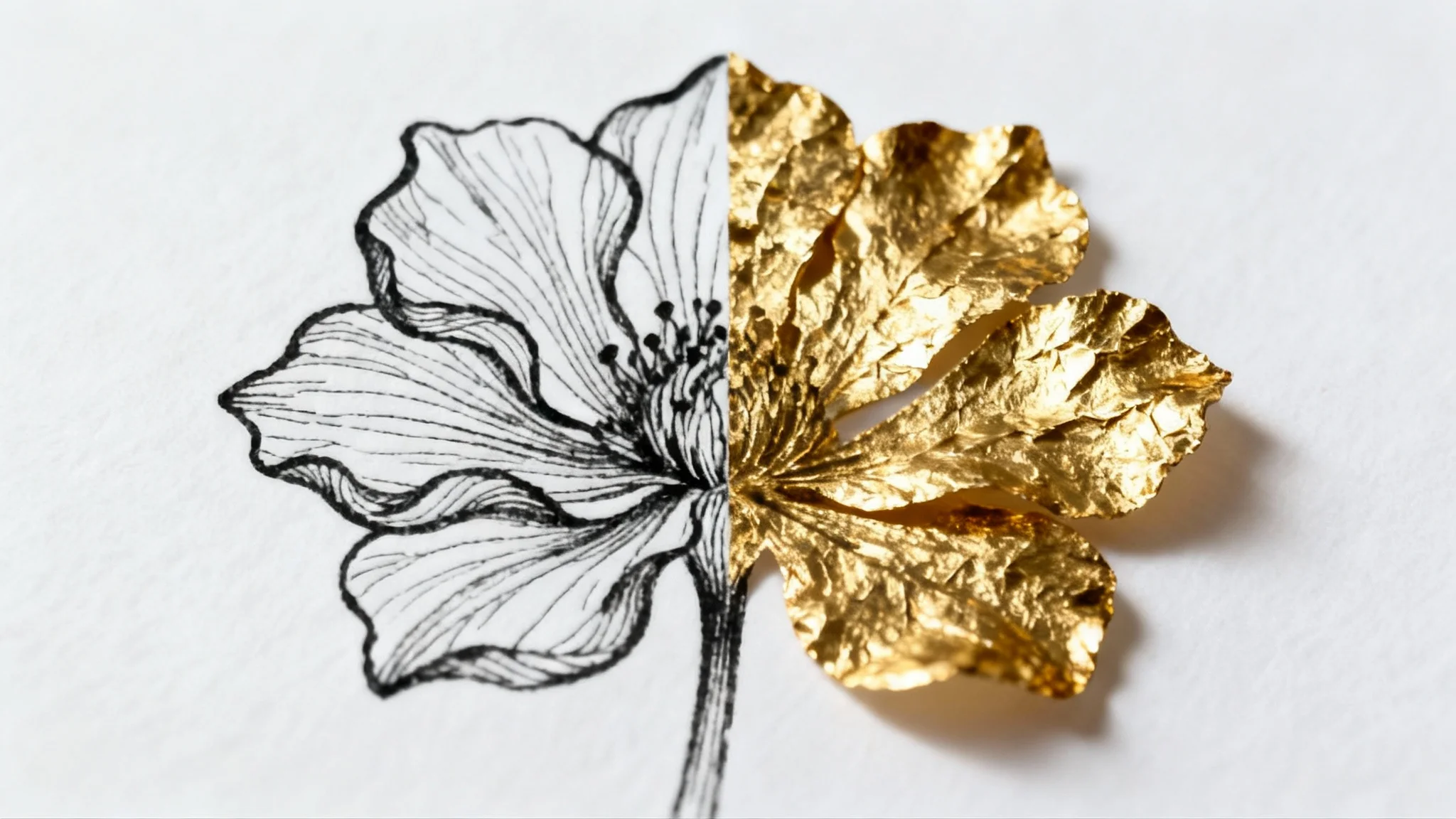 A close-up image showcasing a beautiful gold leaf effect on a botanical illustration against a clean white background, highlighting the luxurious and detailed texture of the gold.
