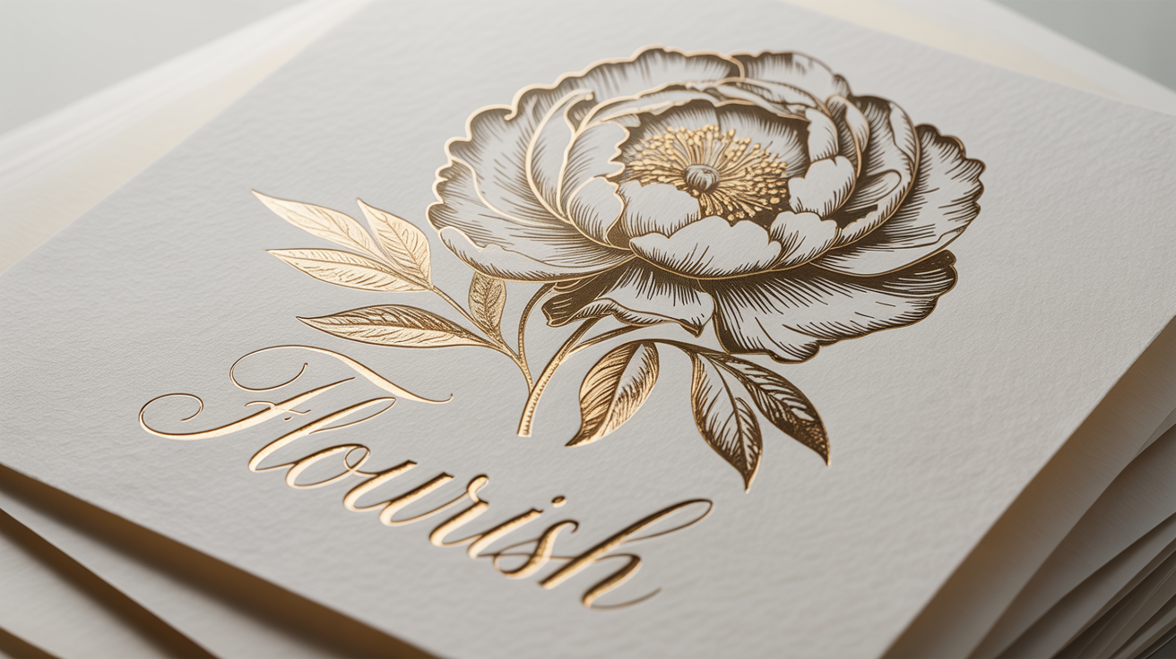 A close-up of a piece of textured white paper featuring a botanical illustration of a peony flower, with its details and the word 'Flourish' rendered in a gleaming gold leaf effect, set against a plain white background.