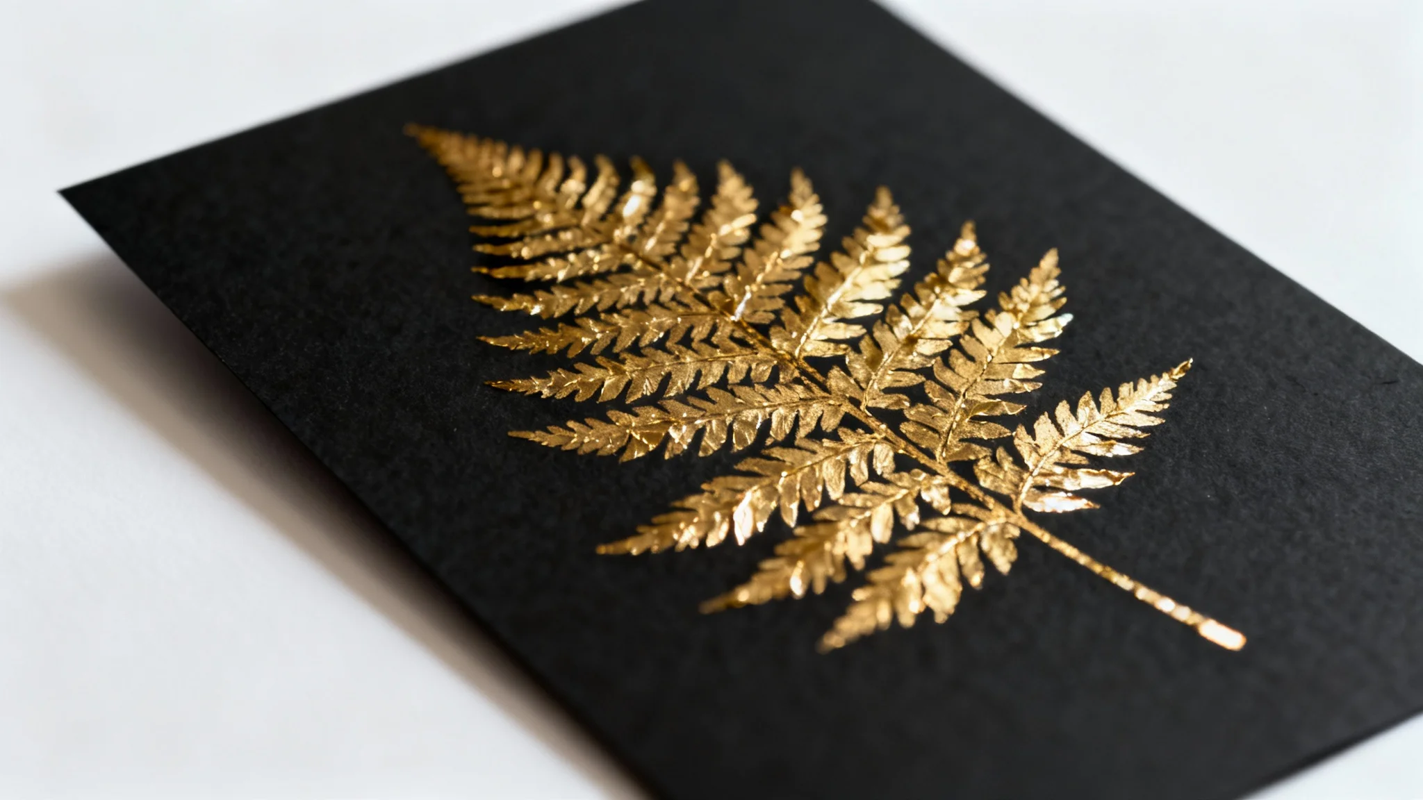 A close-up, elegant photograph of a fern leaf design created with a textured gold leaf effect on matte black paper, set against a clean white background.