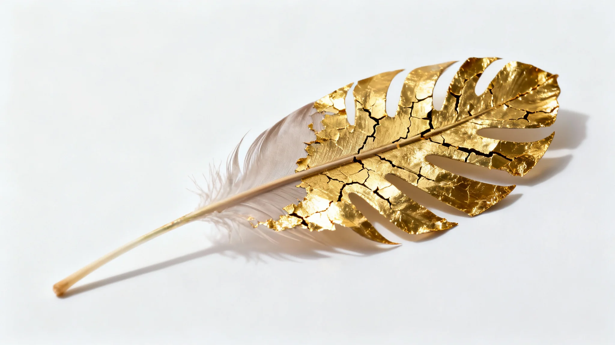 An elegant, close-up image of a green leaf on a white background, with a portion of the leaf covered in a textured, shimmering gold leaf effect, highlighting luxury and detail.