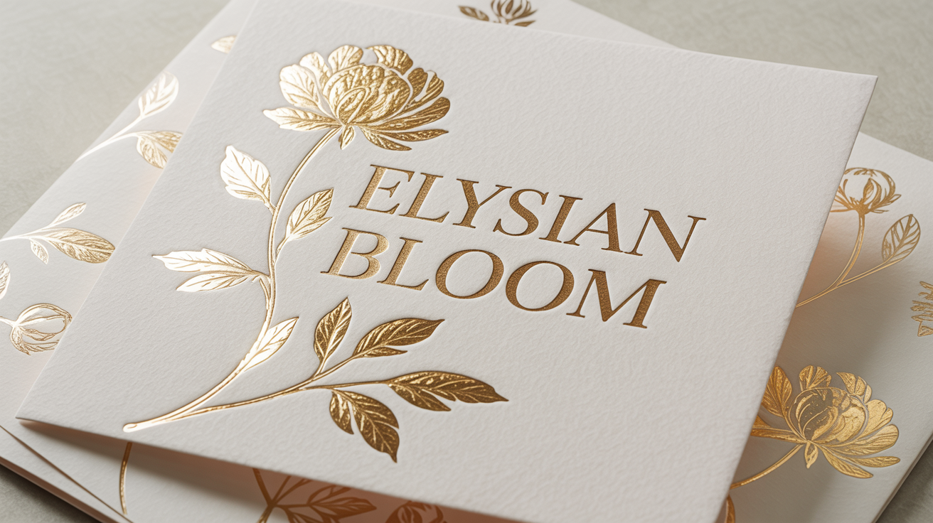 A close-up, photorealistic mockup of the words 'Elysian Bloom' rendered in a textured gold leaf effect on high-quality white paper, showcasing a luxurious and metallic finish.
