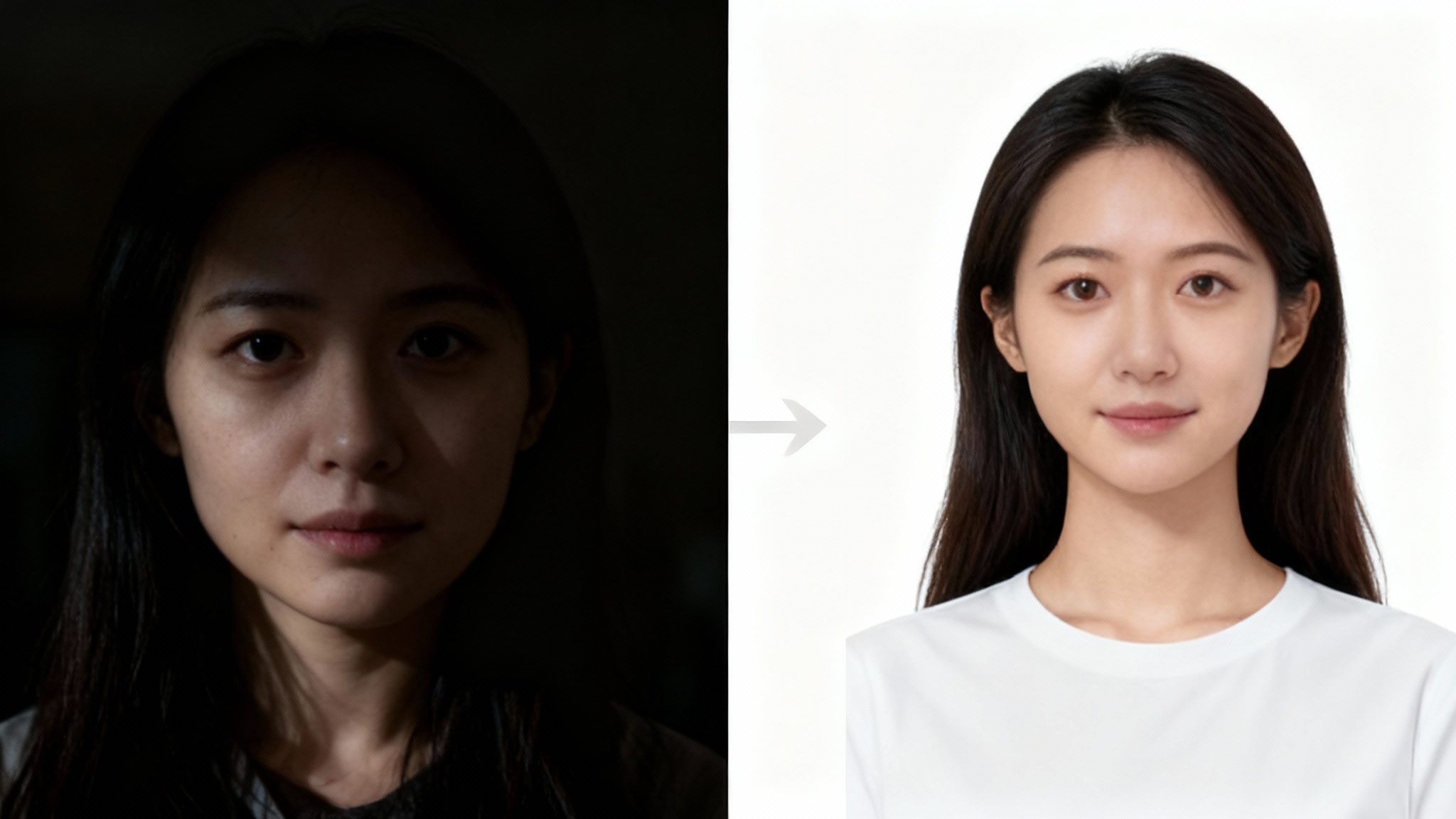 A side-by-side comparison showing the result of a passport photo lighting tool. The left image is a dark, shadowy headshot of a woman, and the right image is a bright, perfectly lit, professional passport photo of the same woman.