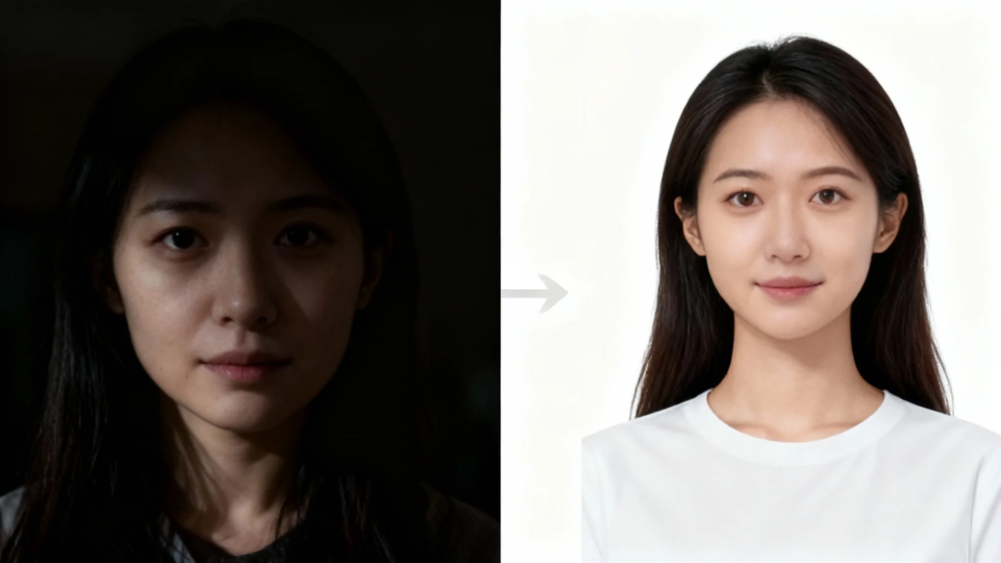 A side-by-side comparison showing the result of a passport photo lighting tool. The left image is a dark, shadowy headshot of a woman, and the right image is a bright, perfectly lit, professional passport photo of the same woman.