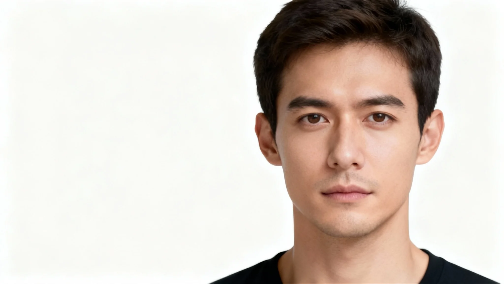 A perfectly lit passport photo of a man against a white background, demonstrating ideal lighting with no shadows on his face.