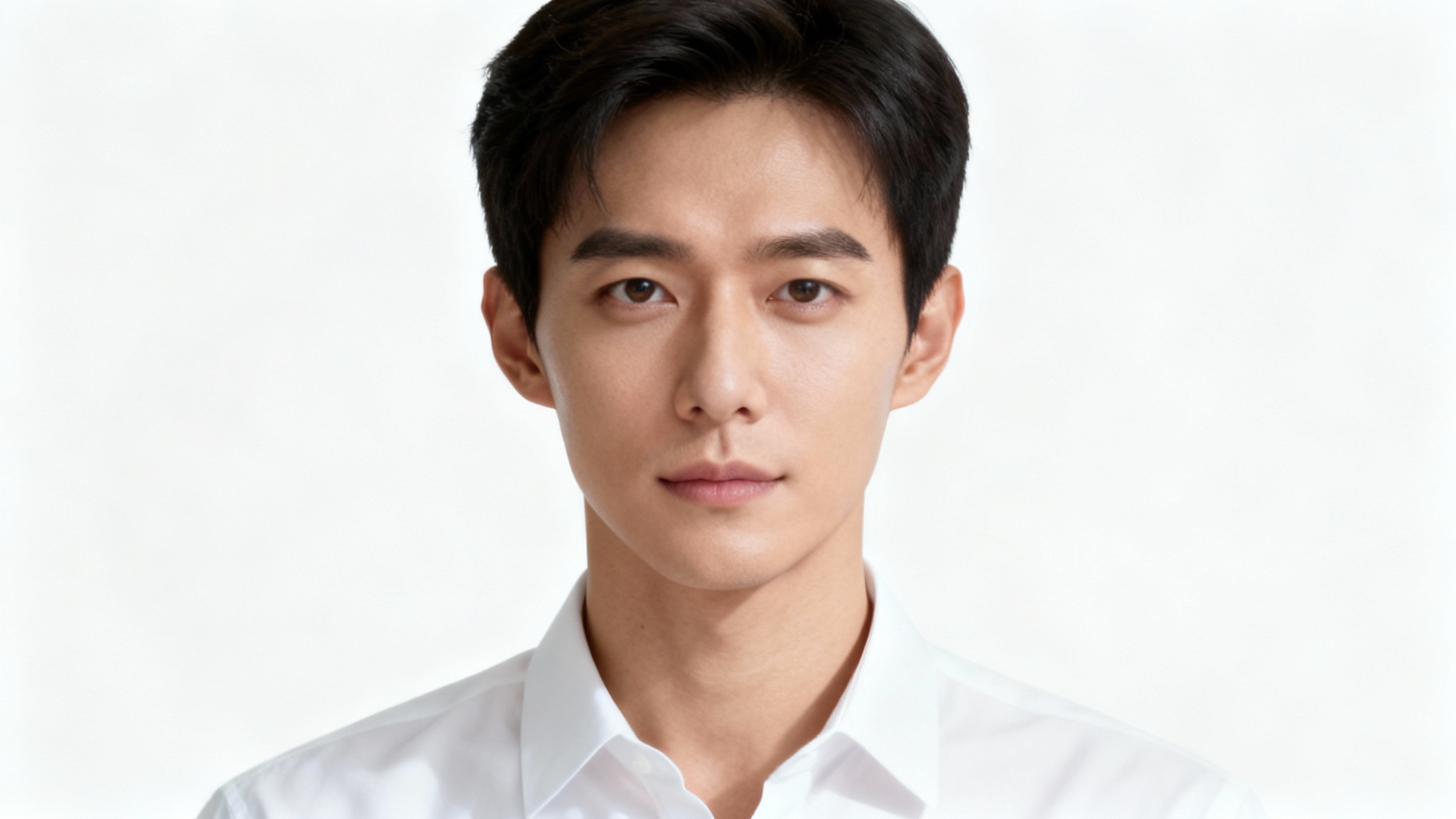 A perfectly lit passport-style headshot of a person with a neutral expression, against a plain white background, demonstrating ideal lighting for official photos.