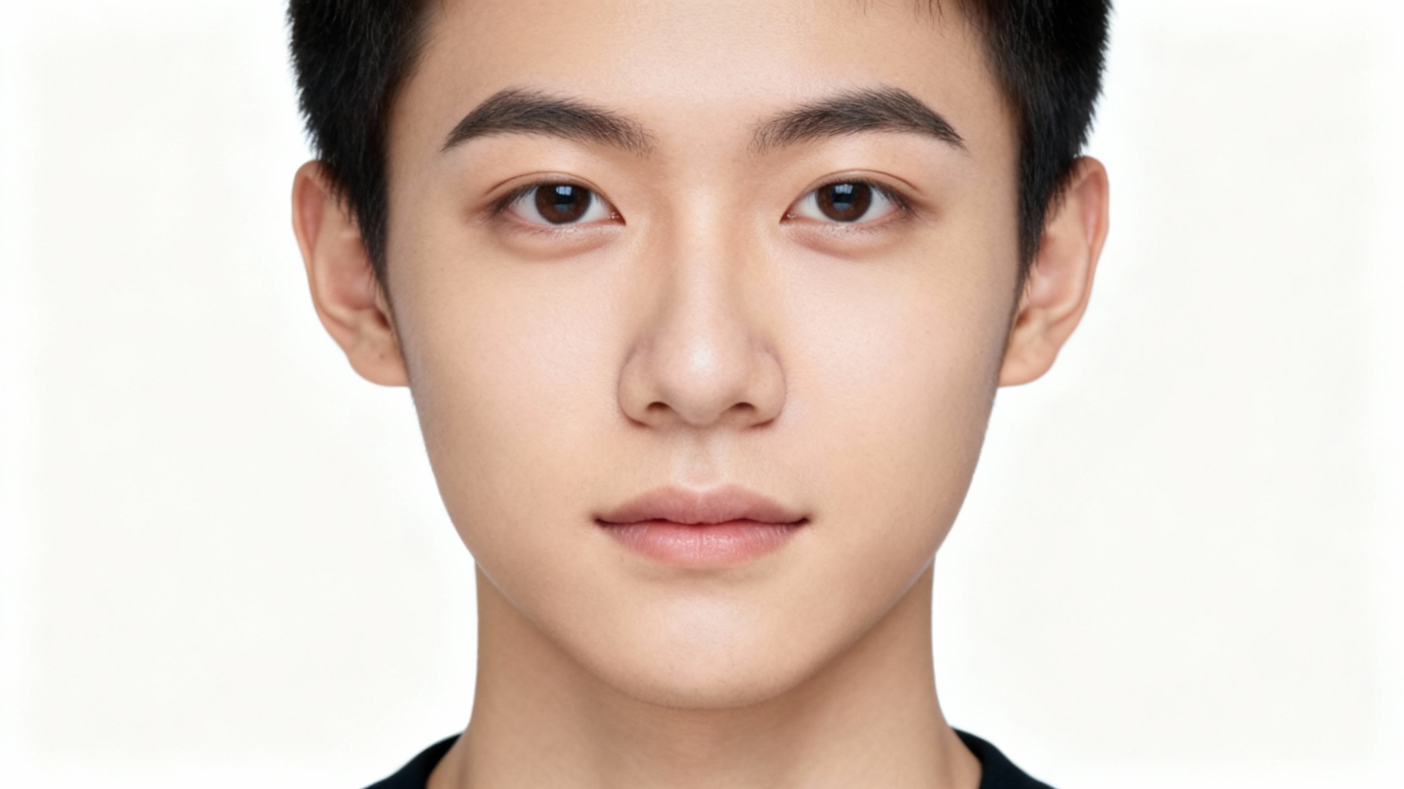 A perfectly lit passport-style photo of a person against a clean white background, demonstrating ideal lighting with no shadows.