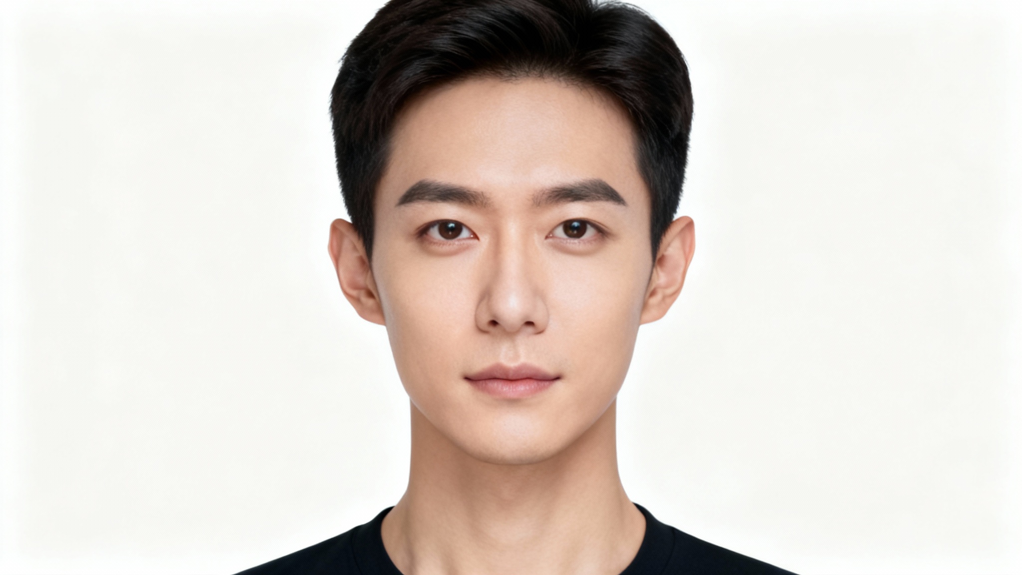 A perfect passport photo headshot of a person with a neutral expression, showcasing flawless, even lighting against a stark white background.