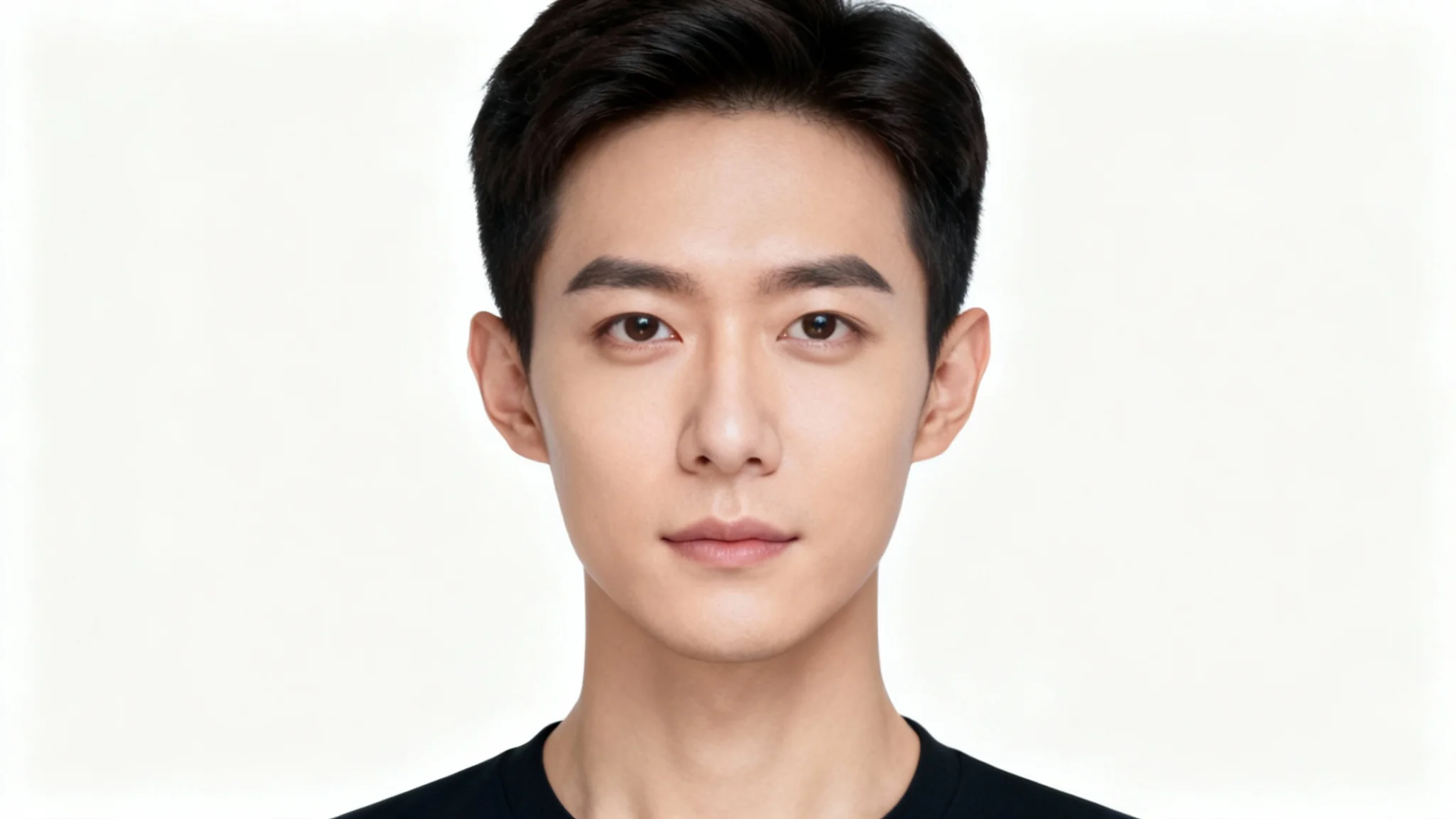 A perfect passport photo headshot of a person with a neutral expression, showcasing flawless, even lighting against a stark white background.