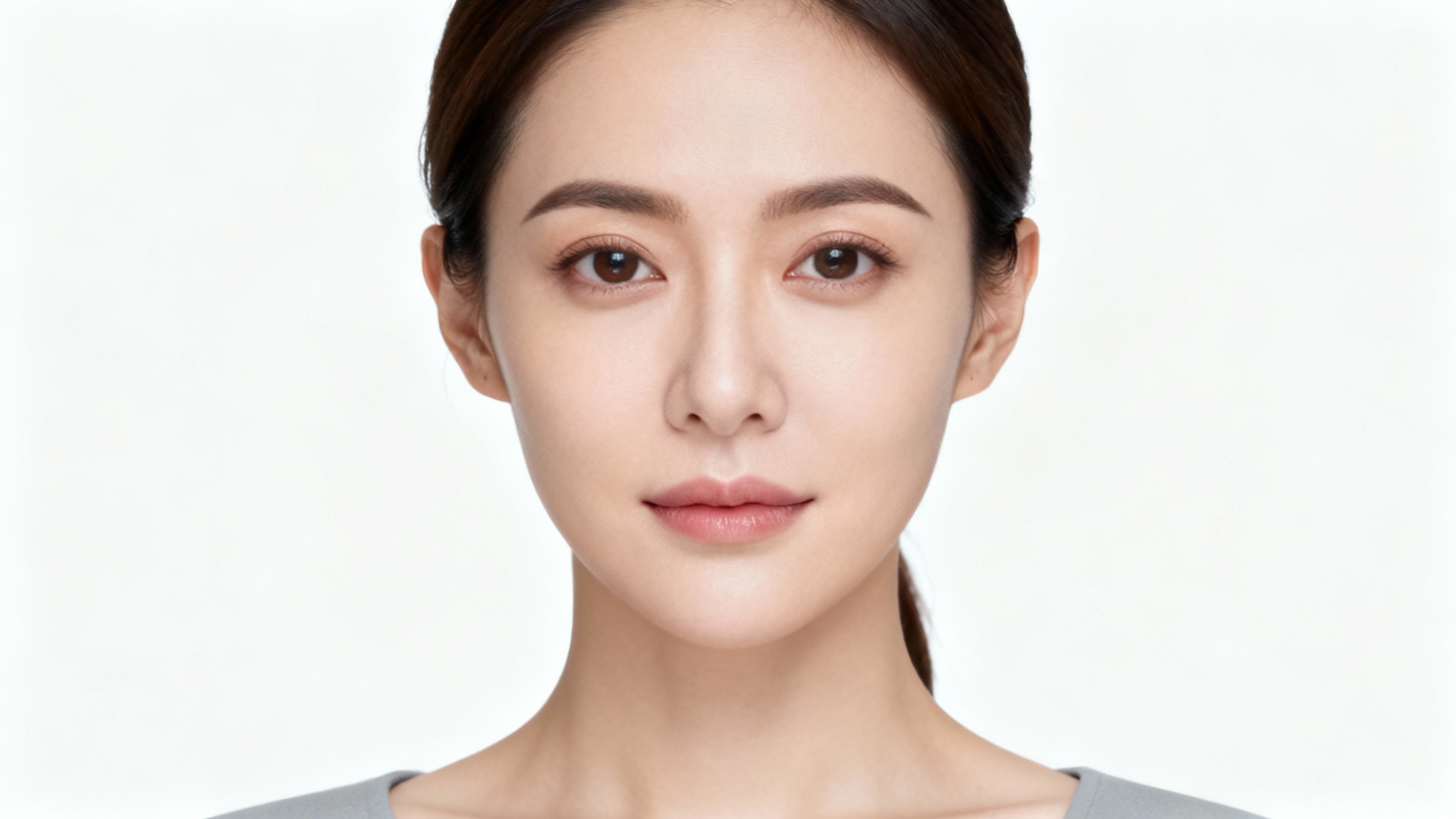 A perfect example of a passport photo with ideal frontal lighting, showing a woman's clear headshot with no shadows on her face or the light gray background.