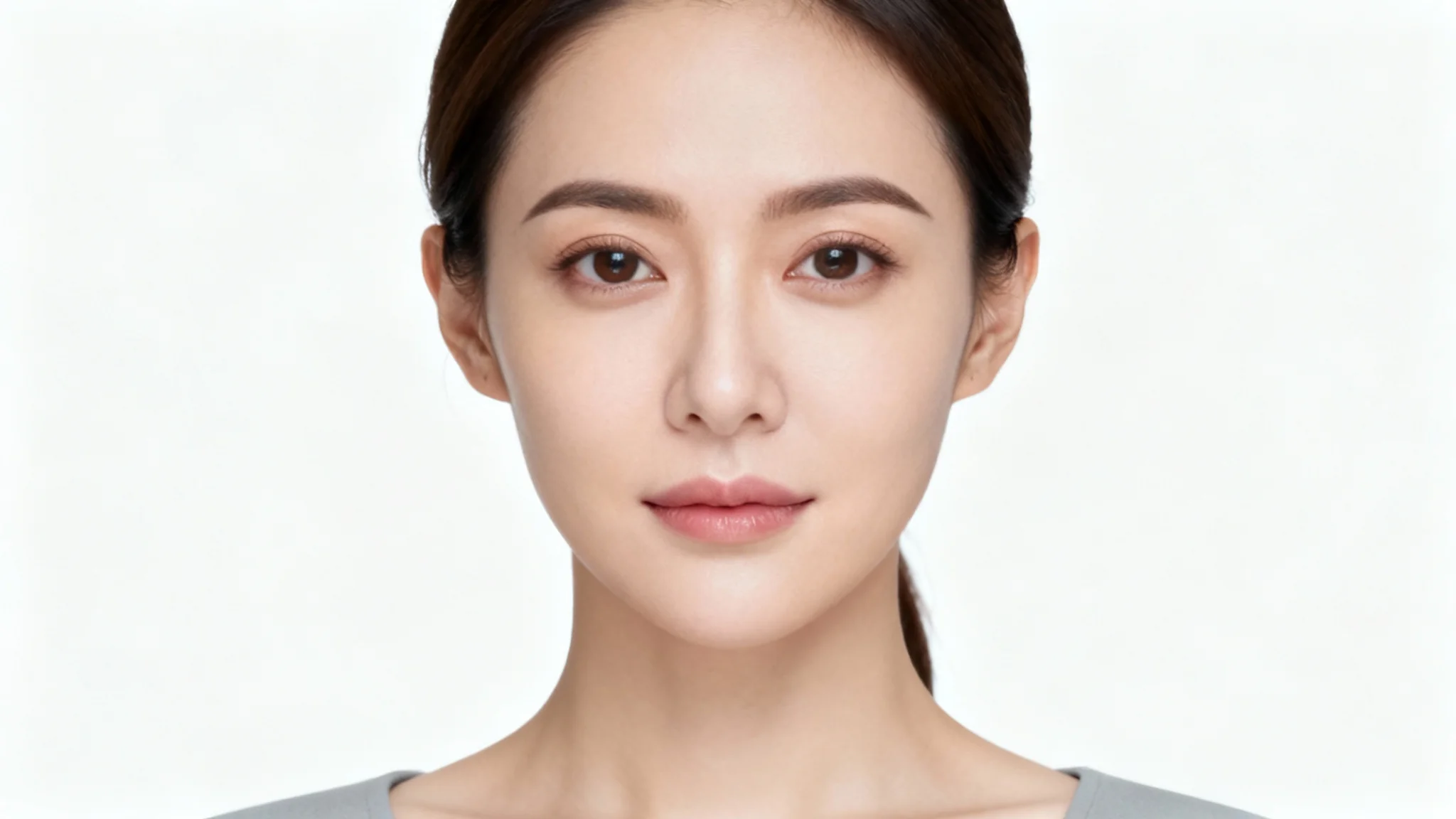 A perfect example of a passport photo with ideal frontal lighting, showing a woman's clear headshot with no shadows on her face or the light gray background.