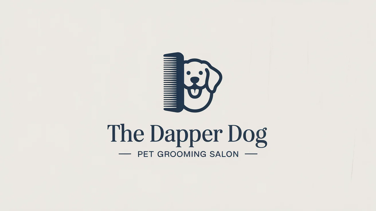 A professional logo for a grooming salon called 'The Dapper Dog', featuring a minimalist icon of a dog and a comb in navy blue and gold, shown on a clean, off-white background.