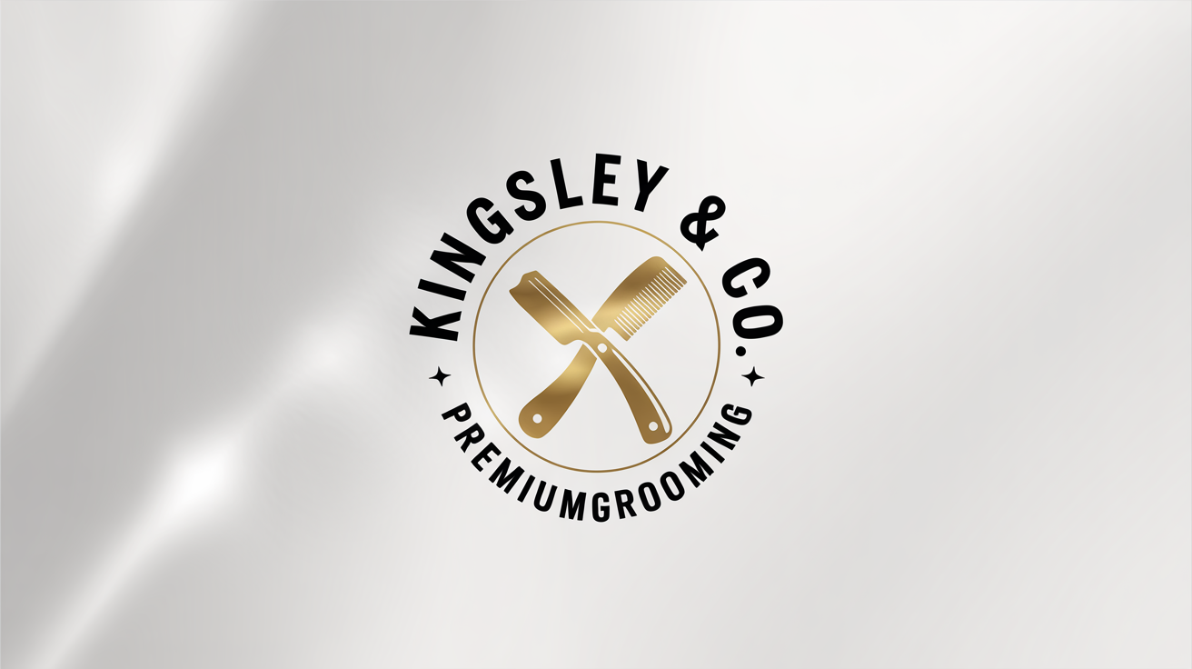 A modern, circular grooming logo for 'Kingsley & Co. Premium Grooming' in metallic gold, featuring a crossed straight razor and comb, shown on a white background.