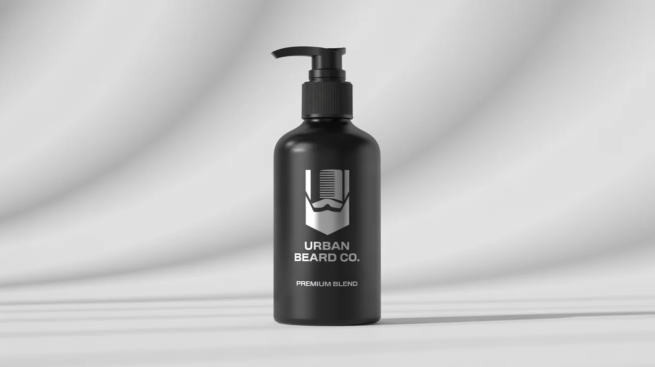 A modern grooming logo for 'Urban Beard Co.' mocked up on a matte black pump bottle against a clean white background, showcasing a premium and minimalist design.