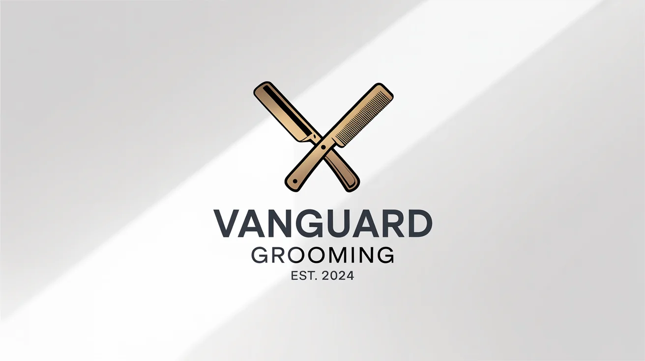 A modern logo for a men's grooming brand, 'Vanguard Grooming', featuring a gold emblem of a crossed razor and comb above the brand name on a white background.