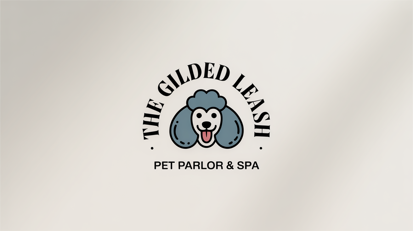 A sophisticated circular logo for a pet grooming business called 'The Gilded Leash'. It features a stylized blue poodle and elegant text, all set against a clean white background.