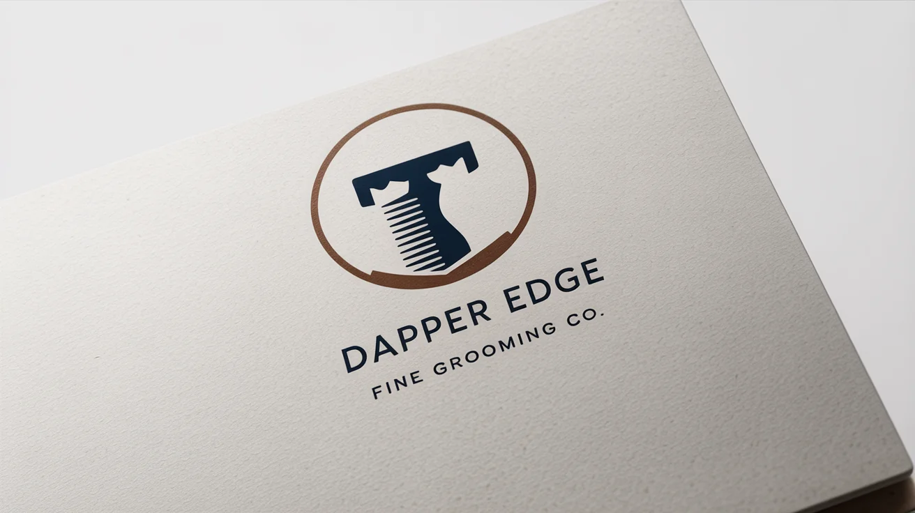 A modern, circular logo for a grooming company named 'Dapper Edge', featuring a razor and comb crest in navy blue and bronze, mocked up on textured cardstock against a white background.