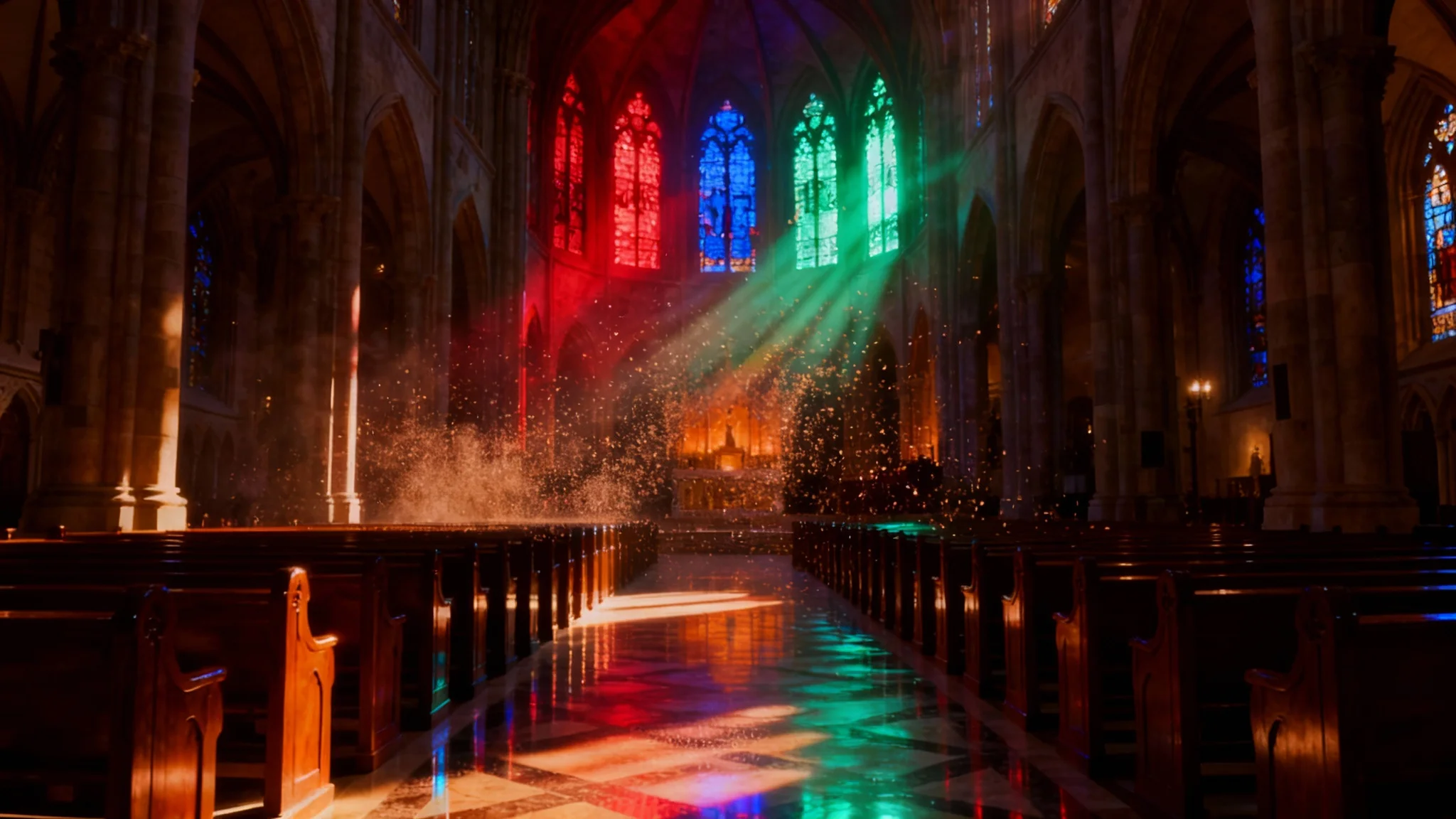 An awe-inspiring view of a church interior where dramatic beams of colored light from stained glass windows shine down, illuminating the pews and floor in a beautiful, enhanced display.