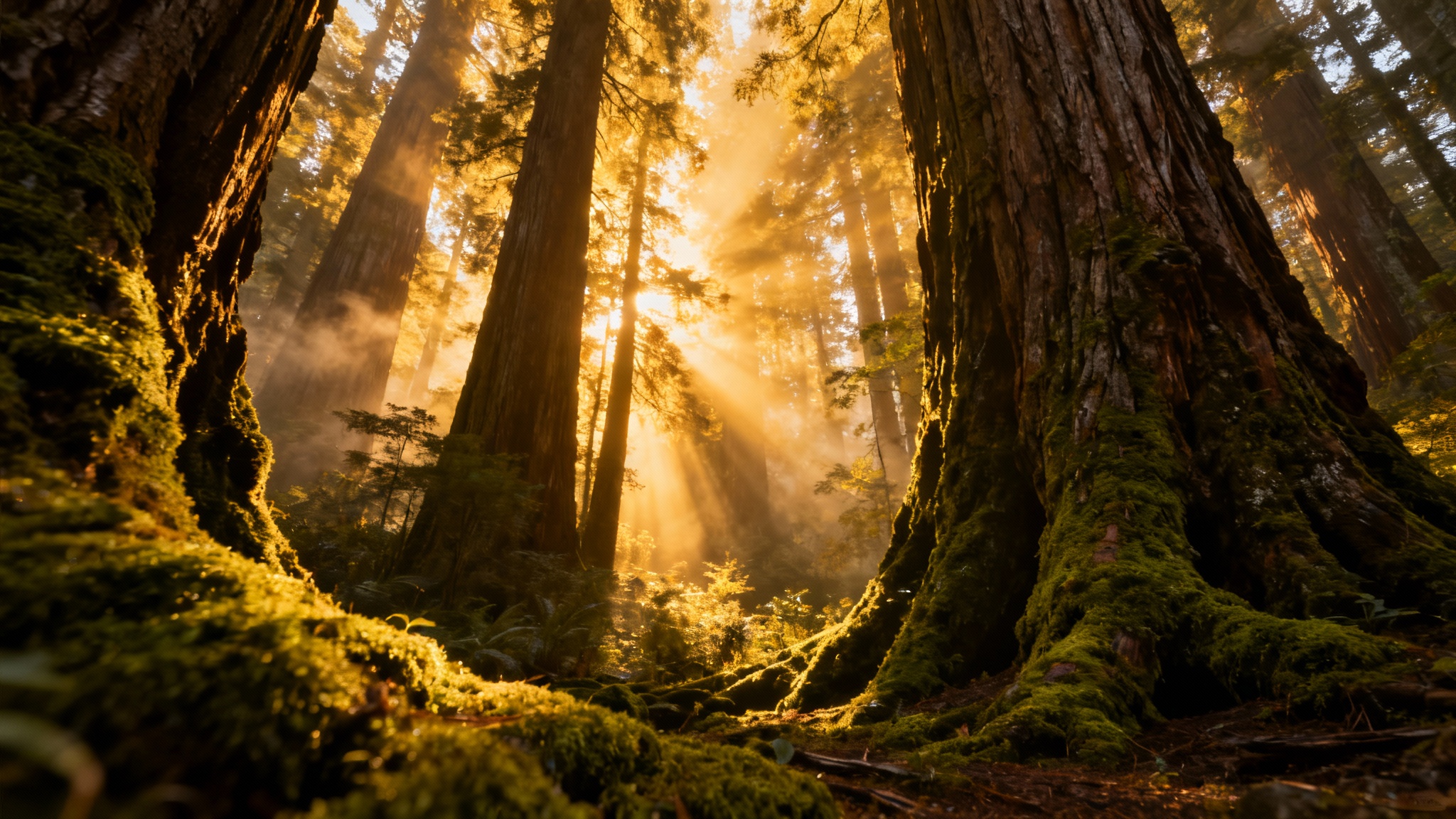 An enchanting forest scene where brilliant golden sunbeams cut through the thick canopy of tall trees, illuminating the misty air, demonstrating an 'add light rays' photo effect.