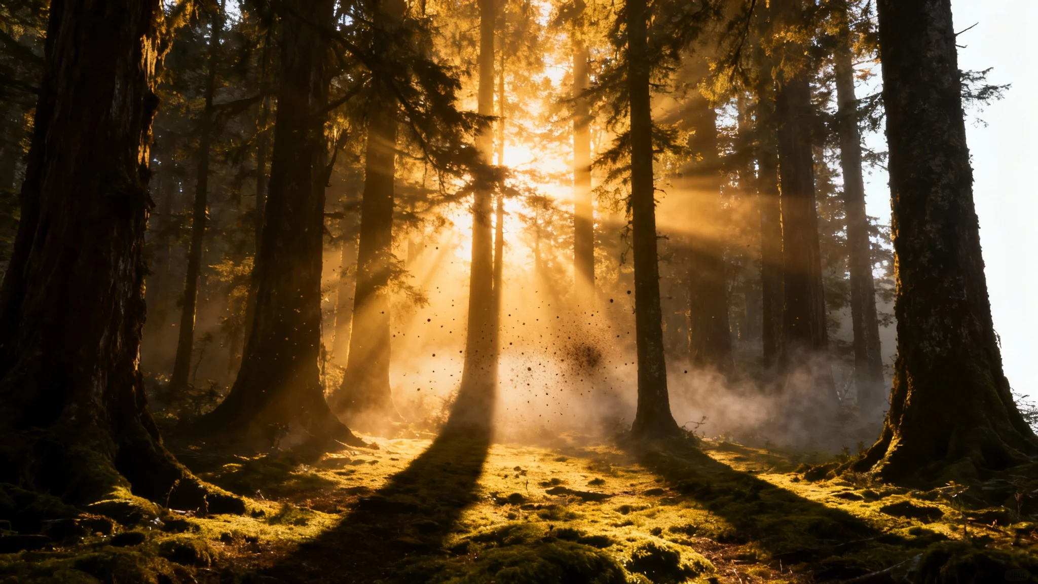 A photorealistic image of a dense forest where dramatic golden sunbeams pierce through the misty canopy, demonstrating an added light ray effect.