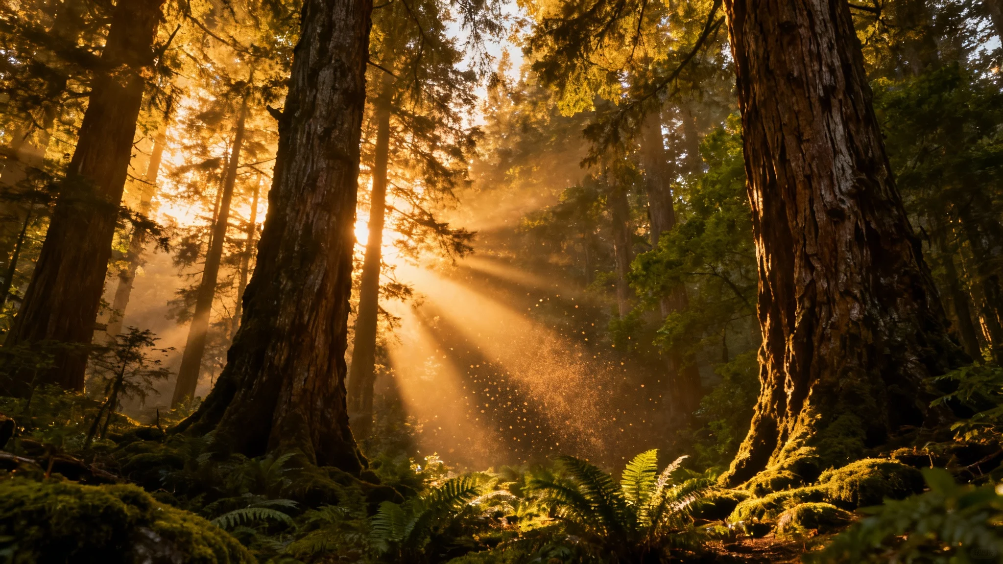 A serene forest scene where beautiful golden light rays stream through the tall trees, illuminating the morning mist.