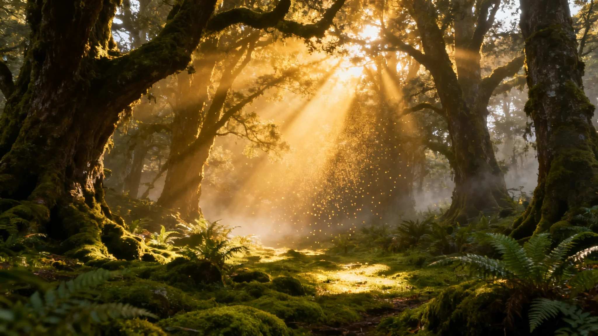 A photorealistic image of a dense forest where powerful, golden rays of light stream through the trees, illuminating the misty air and creating a magical effect.