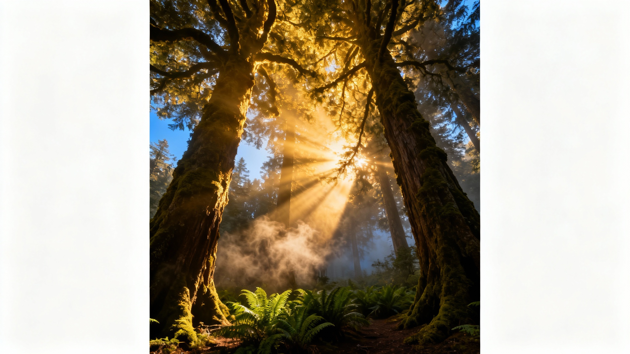 A hyperrealistic image of a dense forest with dramatic golden sunbeams shining through the trees, creating visible rays of light in the misty air, isolated on a white background.