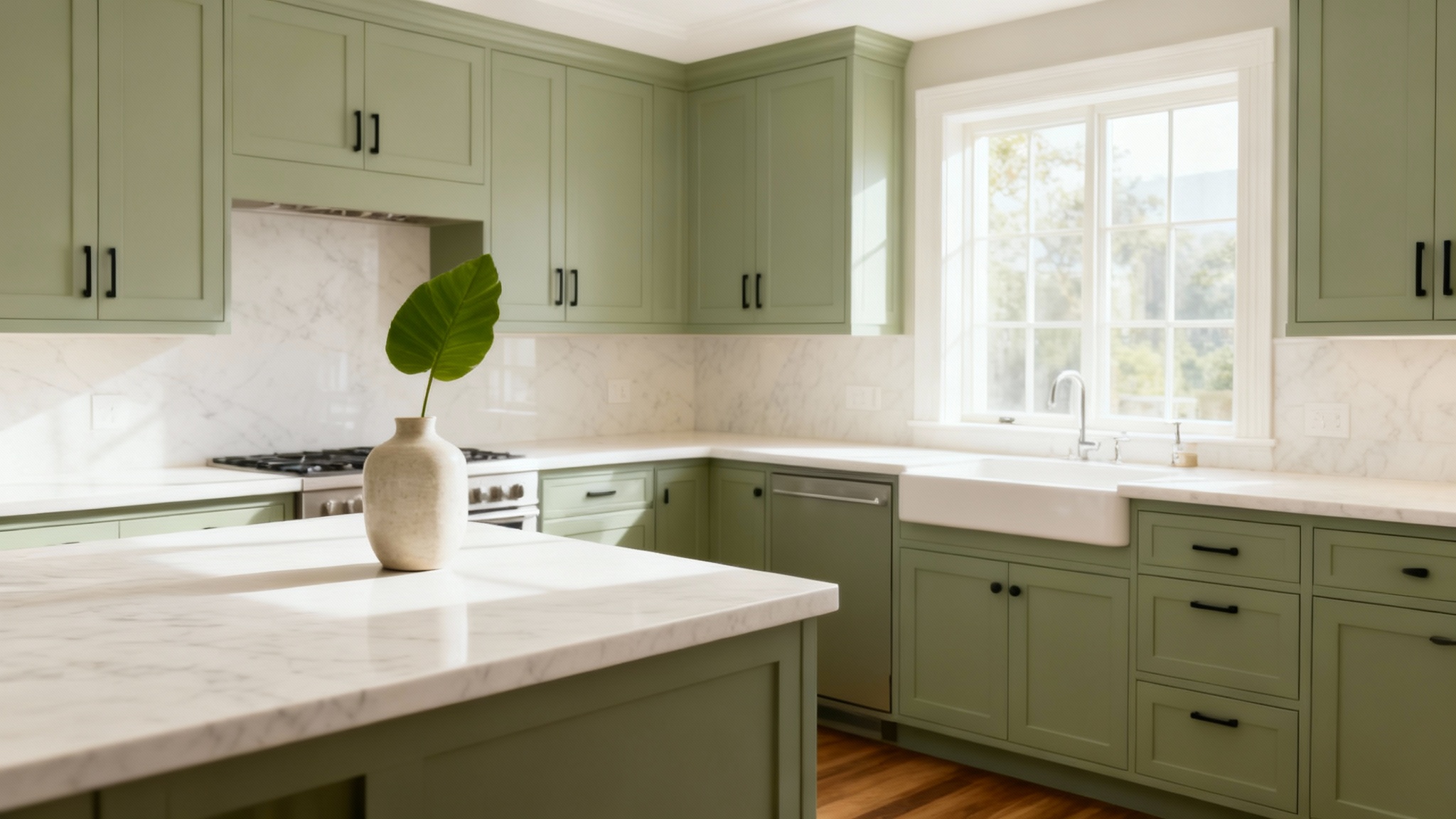 A beautifully finished modern kitchen with sage green cabinets and white marble countertops, representing the final 'after' result of a cabinet color change tool.