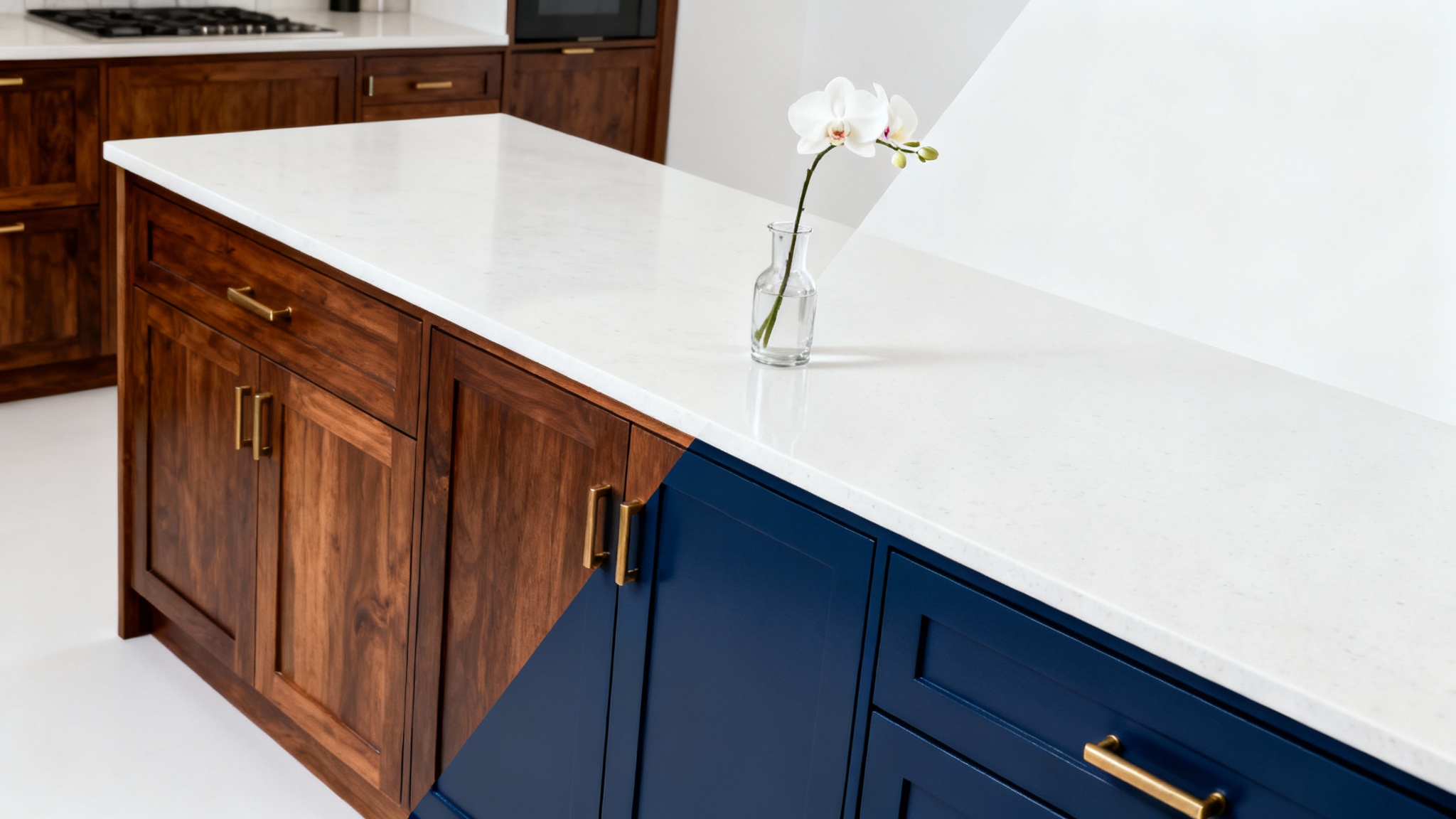 A split-view image showing a kitchen cabinet transformation. One side features dark oak cabinets, and the other side shows the same cabinets painted a modern navy blue.