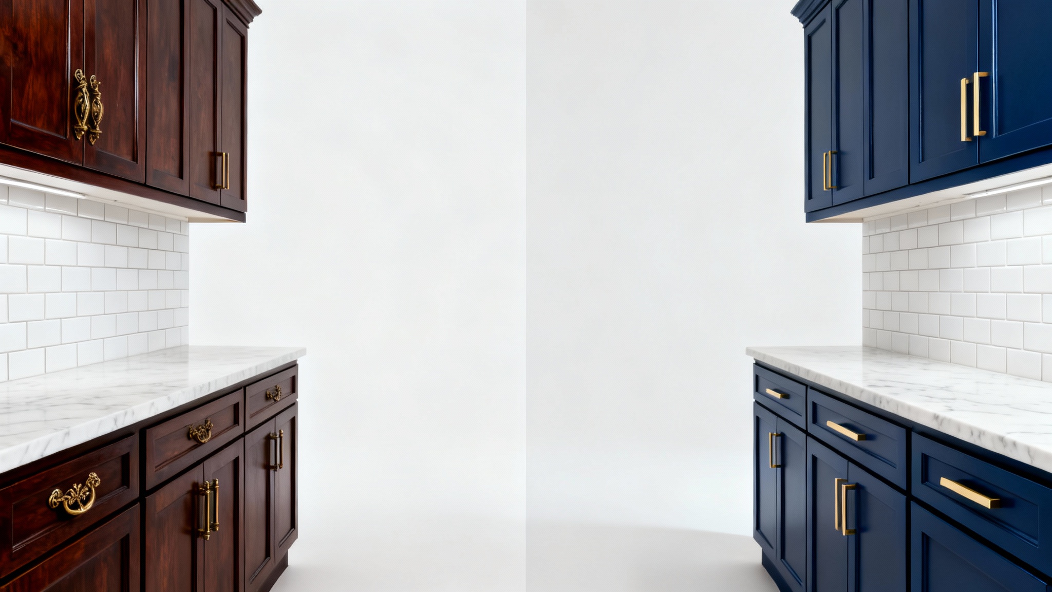A before-and-after shot of kitchen cabinets. The left side shows dated, dark wood cabinets, while the right side shows the same cabinets repainted in a modern navy blue with new gold hardware.