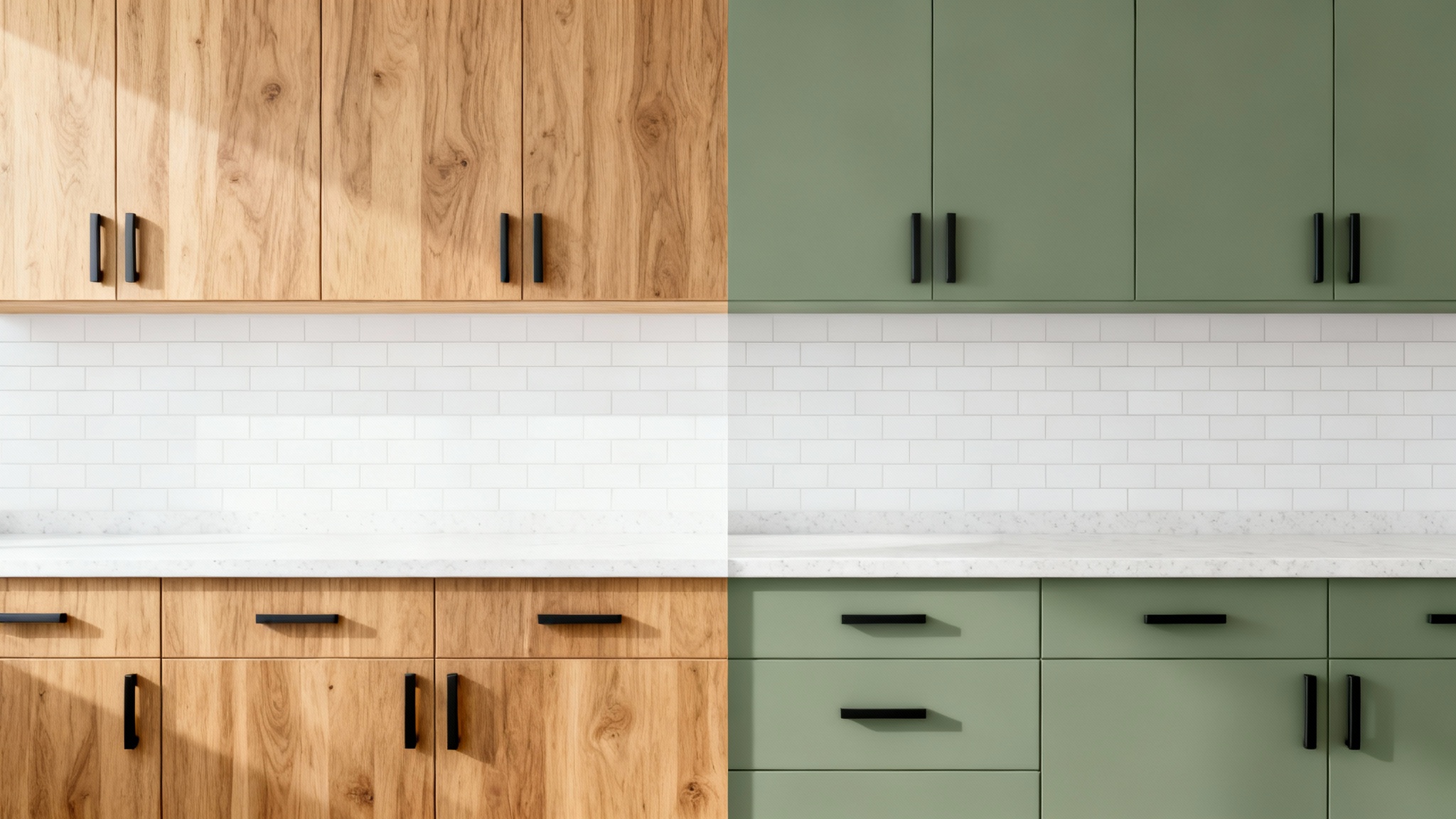 A before-and-after image of modern kitchen cabinets. The left side shows natural oak cabinets, and the right side shows the same cabinets painted a stylish sage green.