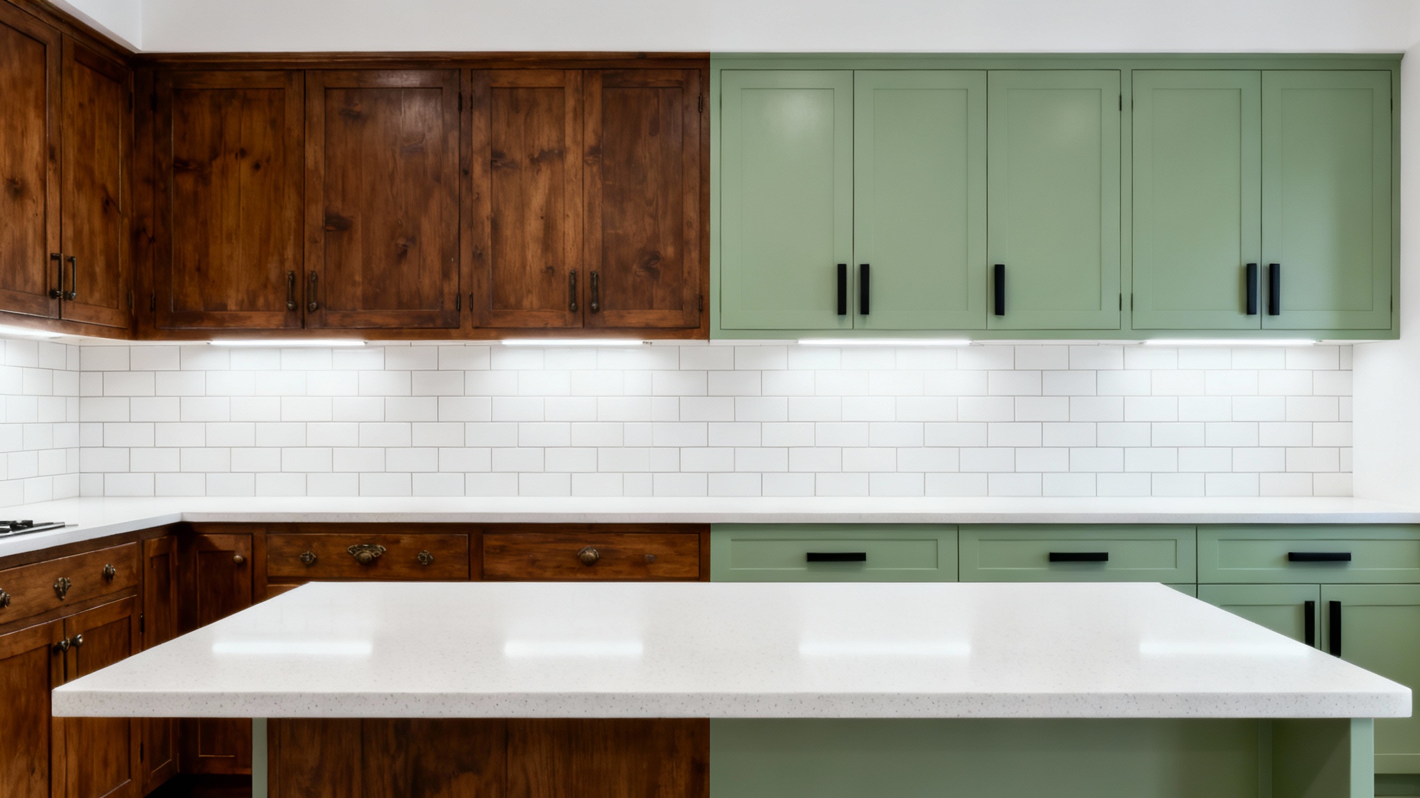 A split-screen comparison of a kitchen makeover. The left half shows dated dark wood cabinets, and the right half shows the same cabinets painted a modern sage green with new hardware.