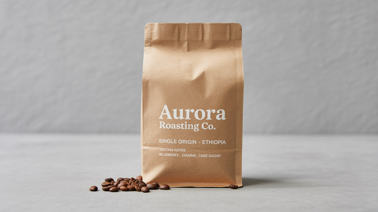 A photorealistic mockup of a brown kraft paper coffee bag for 'Aurora Roasting Co.', featuring a minimalist white design. The bag is standing on a clean white surface with a few coffee beans scattered around it.