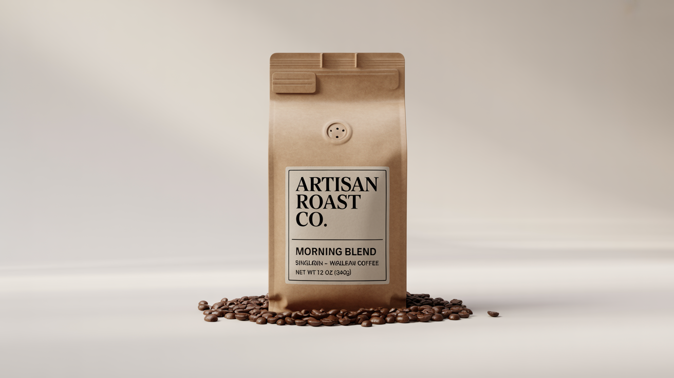A product mockup of a stand-up kraft paper coffee bag with a modern label reading 'Artisan Roast Co. - Morning Blend', sitting on a clean white background with a few coffee beans scattered nearby.