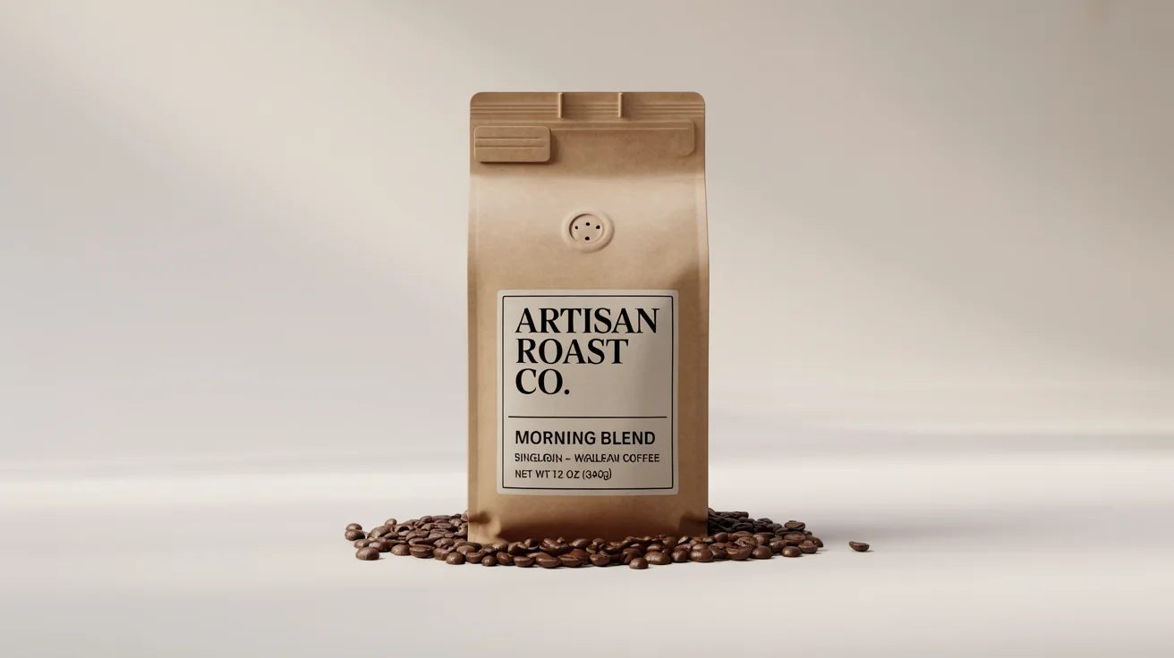 A product mockup of a stand-up kraft paper coffee bag with a modern label reading 'Artisan Roast Co. - Morning Blend', sitting on a clean white background with a few coffee beans scattered nearby.
