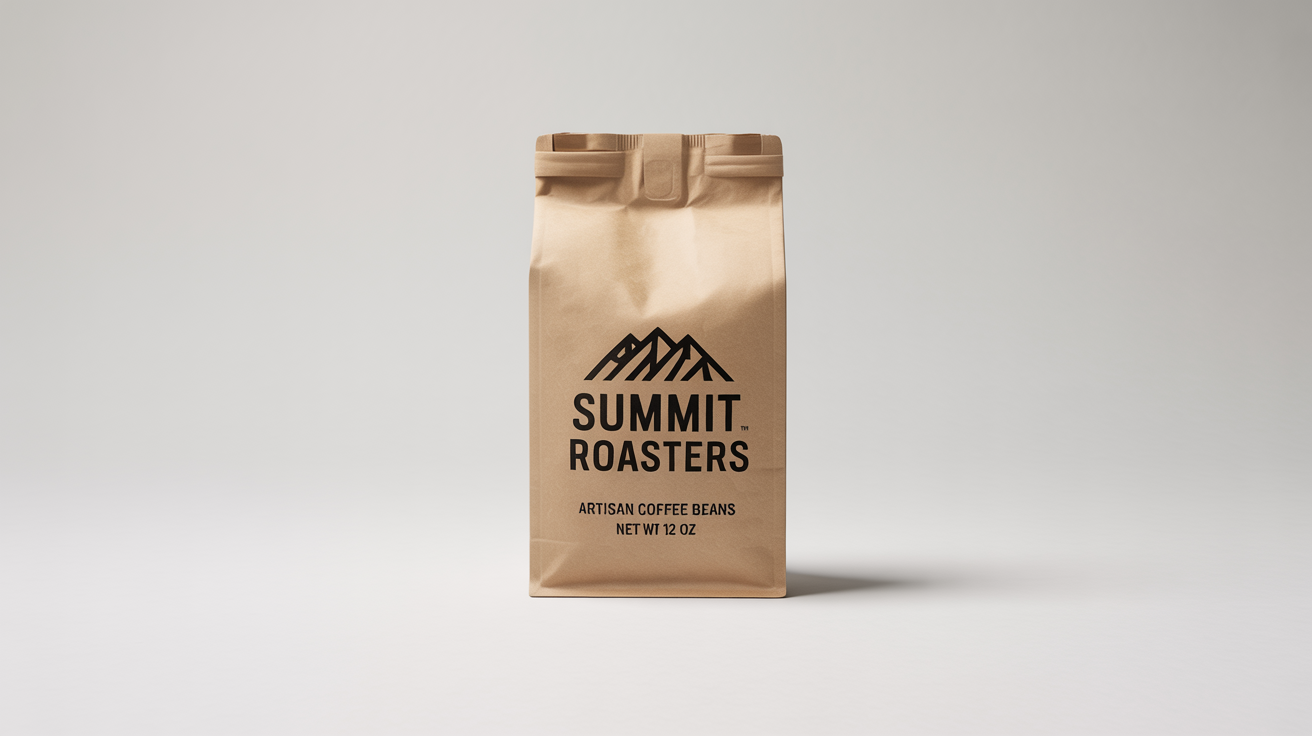 A professional mockup of a brown kraft paper coffee bag with a minimalist black design that reads 'SUMMIT ROASTERS Artisan Coffee Beans', standing on a solid white background.