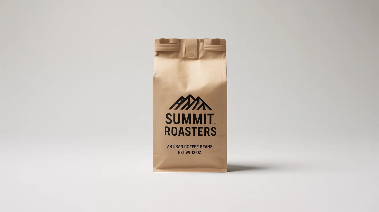 A professional mockup of a brown kraft paper coffee bag with a minimalist black design that reads 'SUMMIT ROASTERS Artisan Coffee Beans', standing on a solid white background.