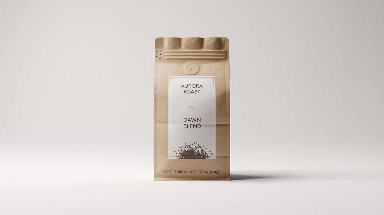 A photorealistic mockup of a brown kraft paper coffee bag labeled 'AURORA ROAST DAWN BLEND', standing on a white background with a few roasted coffee beans at its base.