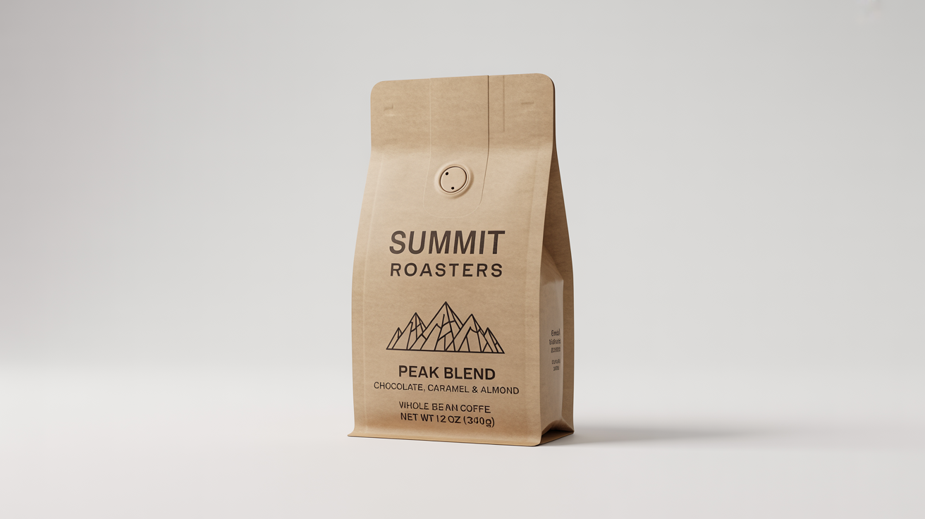 A photorealistic mockup of a brown kraft paper coffee bag for 'Summit Roasters' with a 'Peak Blend' label, standing upright against a clean white background.
